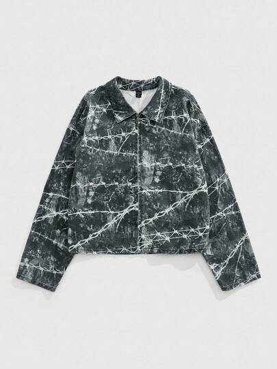 ROMWE MEN Street Life Men's Autumn Tie-Dye Thorns Pattern Long Sleeve Single-Breasted Casual Denim Jacket