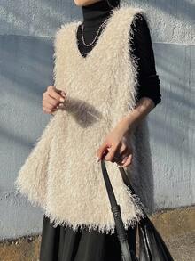 FRIFUL Apricot Flannelette Casual Rib-Knit V Neck Asymmetrical Long Tank Top For Women Knit Sweater Top Sweater Top For Women Shaggy Knit Top Winter Tops Layering Pieces