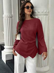 EMERY ROSE Women's Solid Color Asymmetric Hem Elegant Office Long Sleeve Blouse - Burgundy - View 5