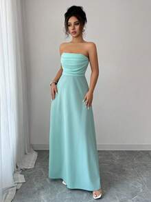 Elenzga Strapless Ruffle Waist A-Line Flowy Elegant Romantic Women Dress