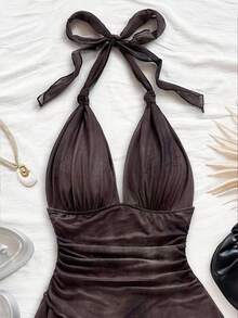 Soleia Váy ngắn ngày lễ lãng mạn cổ chữ V buộc dây phối lưới xếp nếp cổ điển ombre gợi cảm dành cho nữ - màu nâu - Xem 3