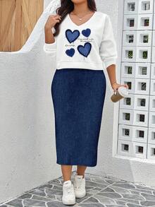 EMERY ROSE Plus Size Women Heart Print Sweatshirt Dress 2 Pieces Set, Casual For Autumn/Winter 2 Piece  Sets Woman Skirt Set Two Piece Set Women Skirt Skirt Set 2 Piece Sets Woman 2 Piece Casual Sets Woman 2 Piece Sets Woman Skirt Women Skirts