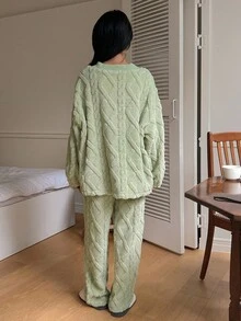 DAZY Solid Button Through Dual Pocket Drop Shoulder PJ Set Fall,Winter Cozy Clothes, Fluffy Pajama - Green - View 2
