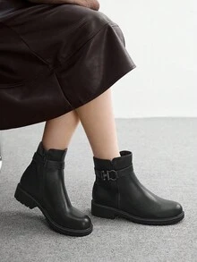 CUCCOO BIZCHIC 女式基本款黑色厚底中筒靴 - 黑色 - 查看 5