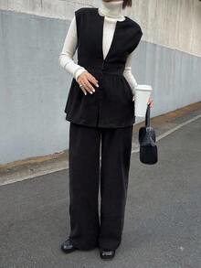 FRIFUL 女式纯黑色收腰上衣，褶饰细节，搭配修身直筒裤，休闲两件套，秋季 - 黑色 - 查看 3