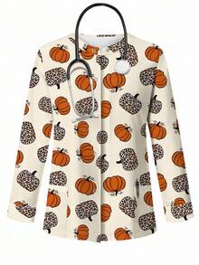 PopScrub Women's Halloween Orange & Leopard Print Pumpkin Pattern Digital Print Casual Nursing Scrub Uniform Jacket, Spring/Autumn - Multicolor - View 6