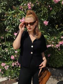 Gretanique Elegant Flared Sleeve Double-Breasted Cardigan, Solid White Simple Casual Shirt - Black - View 6