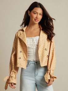 WESTFADE Ditsy Floral Print Lapel Collar Double Breasted Cropped Trench Coat For Women,White,Autumn,Gothic,Modest,Holiday,Nashville Country Western Wear,Boho - Orange - View 7