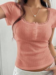 Zielony 甜美蕾丝边短袖 T 恤女士，全新夏季修身三扣装饰半袖上衣 - 粉色 - 查看 1