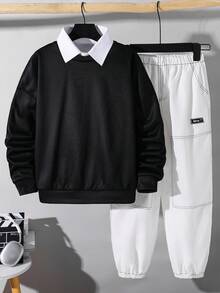 SHEIN 2 件儿童/青少年男童休闲日常百搭舒适字母印花图案圆领宽松套头衫和纯色梭织裤套装 - 彩色 - 查看 5