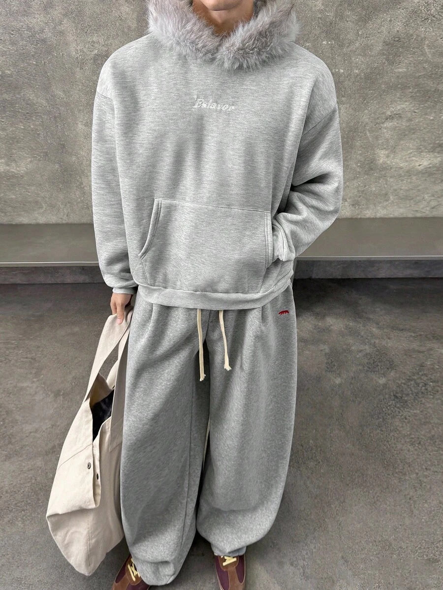 SWAVVY 男士休闲时尚针织长袖蓬松连帽衫，秋冬 - 灰色 - 查看 1