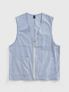 ROMWE MEN Street Life Men's Autumn Zip Front Striped Pocket Casual Vest - Blue - View 1