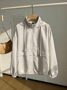 Comfortcana Plus Size Women's Solid Color Drop Shoulder Long Sleeve Zipper Front Drawstring Hooded Jacket, Autumn/Winter,Fall,Back To School Light Jacket Summer Jacket Zip Up Jacket - Apricot - View 3