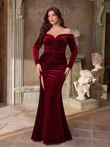 Aureia Gaun Formal Elegan Ukuran Plus Warna Burgundy Musim Semi Bahan Beludru, Lengan Panjang Tanpa Bahu, Berkerut, Belahan Tinggi, Model Ekor Duyung Ramping, Cocok untuk Tamu Pesta Pernikahan - Burgundy - View 2