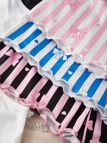 SHEIN 2件套女童可爱蝴蝶结条纹印花吊带背心和短裤睡衣套装 - 彩色 - 查看 4