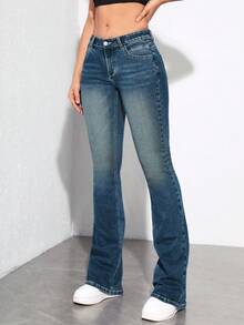 SHEIN ICON 女式水洗褪色休闲牛仔裤 - 藍色 - 查看 3