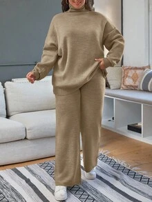 EURMUSE Plus Size Solid Color Turtleneck Sweater And Knit Pants Set, Casual For Autumn/Winter Two Piece Set Women Comfy - Coral Pink - View 3