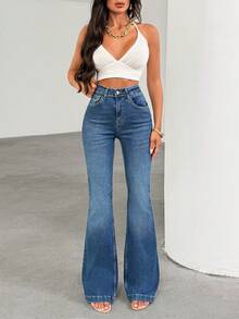 EURMUSE 女士弹力高腰喇叭裤牛仔裤 - 中等水洗藍 - 查看 5