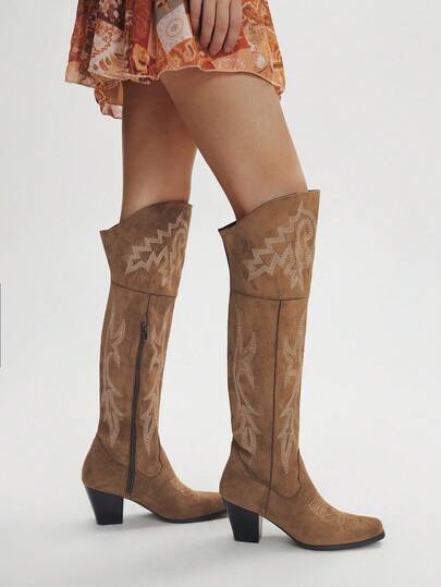 Styleloop Women's Autumn/Winter Cowboy Boots, High Shaft High Heel Thick Heel Over-The-Knee Pointed Toe Boots, Brown Embroidered, Suitable For Halloween, Christmas, Music Festivals