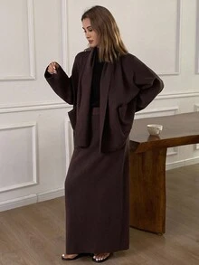 Livesso 2pcs/Set Women Loose Casual Brown Sweater Set, Autumn/Winter - Brown - View 4