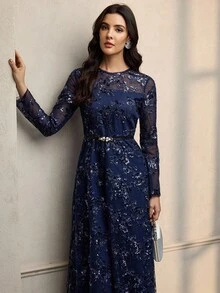 ZEYLAH Women's Elegant Sequins Embroidered Long Sleeve Dress - Black - View 4