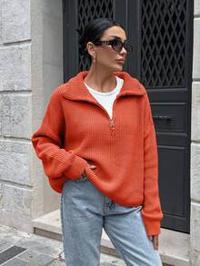EURMUSE Woman Zipper Collar Loose Fit Comfy Warm Sweater - Burnt Orange - View 4