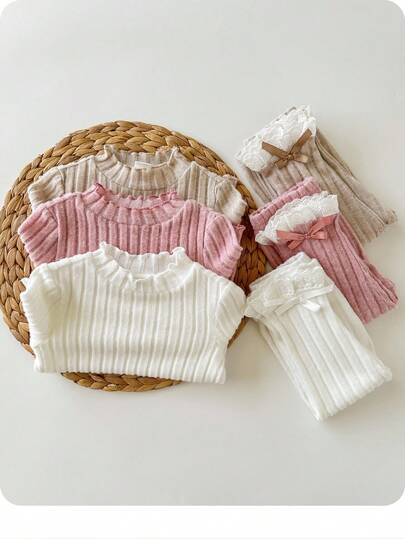 SHEIN Babygirl's 6-Piece Set Of Fashionable, Versatile, Casual, Solid-Color Knitted Long-Sleeved Tops And Pants Is A Timeless Classic. Featuring Cutting-Edge, Fashionable Design And Soft Fabric That Protects Your Baby's Skin, It's A Top Choice For Moms Shopping And Is Suitable For Fall And Winter, Whether Worn Outdoors Or Indoors. Suitable For Fall And Winter Baby Girl Knitwear, Baby Girl Sweater Sets, Toddler Girl Ribbed Knit Sets, And 2-Piece Baby Girl Knit Sets.