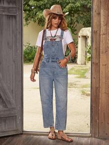 EMERY ROSE 女式牛仔连体裤，带围兜和背带，时尚夏季服装 - 藍色 - 查看 5