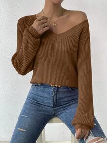 SHEIN LUNE Solid Raglan Sleeve Sweater - Mocha Brown - View 4