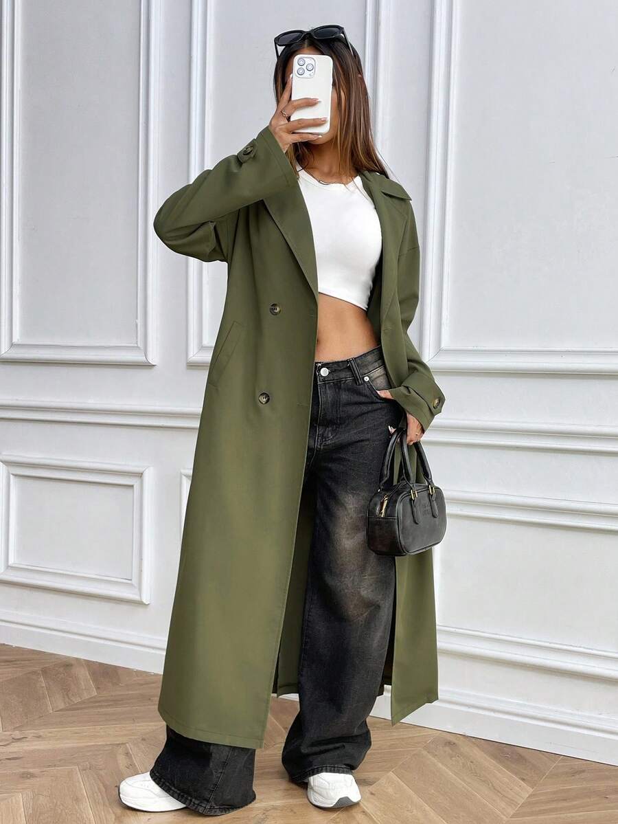 Chiquease Abrigo de trinchera de manga larga de doble botonadura, de unicolor, versátil y casual para mujer - Verde militar - Ver 1