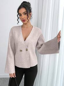 INAWLY Women's Elegant Cardigan, Fluffy, Warm, V-Neck, Bell Sleeve, Waist Cinched, Short Jacket - Apricot - View 6