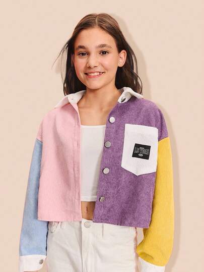 SHEIN 青少年女孩灯芯绒字母贴袋短款纽扣夹克，撞色女童短款夹克外套