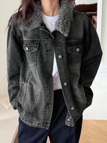 DAZY Women's Fluffy Patchwork Front Button Pocket Long Sleeve Regular Jacket Thermal Lined, Winter Women Coats - Dark Grey - View 6