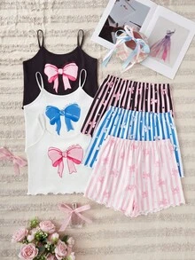 SHEIN 2件套女童可爱蝴蝶结条纹印花吊带背心和短裤睡衣套装 - 彩色 - 查看 6