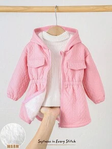 Cozy Pixies Little Girls Dusty Pink Quilted Long Sleeve Hooded Coat With Zipper And Flared Hem Warm Polyester Outerwear For Baby Girls Fall Winter
