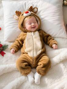 SHEIN Newborn Deer Shaped Outfit, Cute Christmas Deer Horn Plush Long Sleeve Jumpsuit Fall Winter