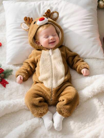 SHEIN 新生儿鹿形服装，可爱圣诞鹿角毛绒长袖连体衣