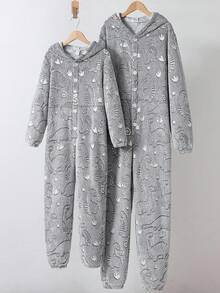 男士恐龙印花抓绒连体衣，休闲灰色家居服，秋冬款 - 灰色 - 查看 5