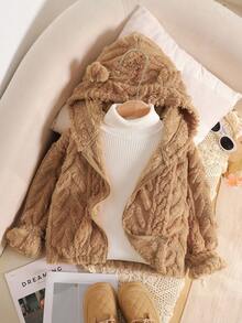 SHEIN Tween Girl 秋冬休闲可爱 3D 耳朵设计连帽纹理针织双面珊瑚绒拉链宽松落肩长袖夹克，棕色 - 棕色 - 查看 3