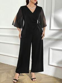 Reflora Conjunto de 2 piezas de talla grande para mujer con camisa de cuello en V sólido, mangas divididas, cintura fruncida y pantalones de pierna ancha elegantes - Negro - Ver 4