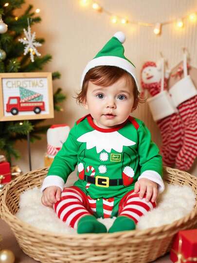 SHEIN Playful Pals 4件套新生儿男女宝宝通用圣诞服装，节日角色圣诞老人助手套装，包括连体衣、帽子和腿套，婴儿圣诞老人服装，宝宝圣诞老人套装，圣诞宝宝服装，宝宝圣诞服装，宝宝圣诞老人连体衣，圣诞宝宝服装，宝宝圣诞套装，女宝宝圣诞套装，新生儿中性套装，中性宝宝服装，宝宝冬季套装（1-18个月）
