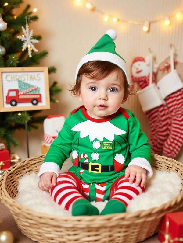 SHEIN Playful Pals Completi natalizi per bambine e bambini, costume da aiutante di Babbo Natale con body, cappello e scaldamuscoli