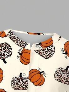 PopScrub Women's Halloween Orange & Leopard Print Pumpkin Pattern Digital Print Casual Nursing Scrub Uniform Jacket, Spring/Autumn - Multicolor - View 5