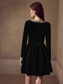 MOTF PREMIUM VELVET BLACK RHINESTONE DECOR WAIST CINCHED SHORT DRESS
