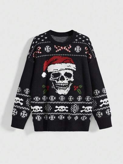 Goth Gothic Style Christmas Skull Santa Hat Loose Fit Pullover Sweater