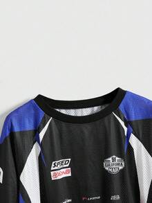 ROMWE Street Life 摩托车风格图案 T 恤，嘻哈嘻哈长袖 T 恤，女士 - 藍色 - 查看 3