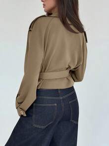 Aloruh Damen Einfarbiger Kragen Langarm Doppelreiher Lässiger Trenchcoat, Herbst - Kamelfarben - Übersicht 2