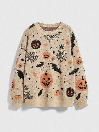 Halloween Kürbis & Fledermaus Jacquard Strickpullover für Damen, locker, weich und gemütlich, festliche Stimmung, Herbst/Winter