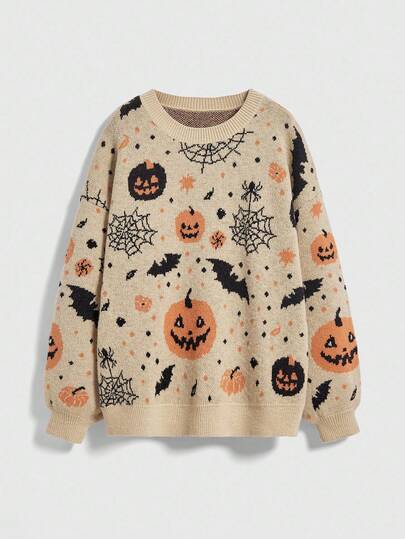 Halloween Kürbis & Fledermaus Jacquard Strickpullover für Damen, locker, weich und gemütlich, festliche Stimmung, Herbst/Winter