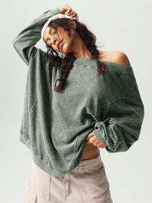 Bohemela Áo nỉ dài tay dáng rộng dệt kim màu trơn đơn giản, lưng xoắn, giặt thoải mái dành cho nữ - xanh quân đội - Xem 2